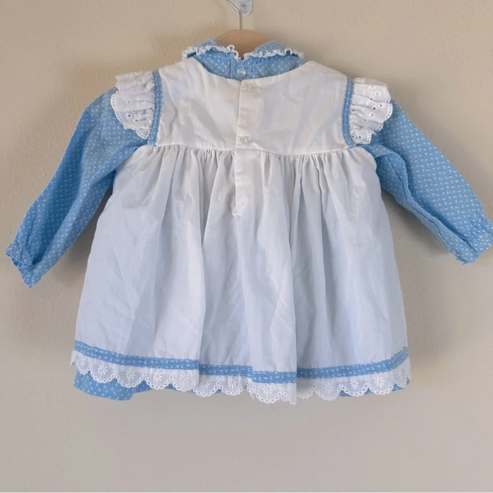 VTG Baby Pinafore Apron Dress with Embroidered Geese Lace Hearts Goose Peter Pan